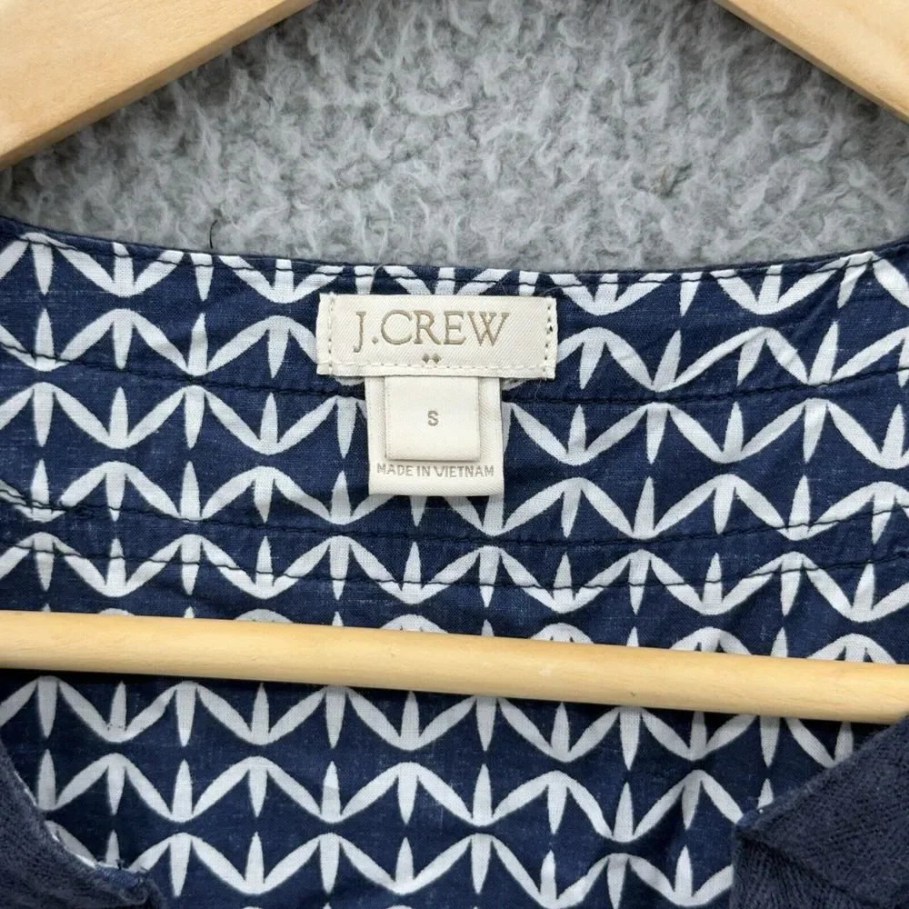 J Crew Womens Small Retro Boho Geometric V-Neck Tunic 3/4 Sleeves Navy White‎